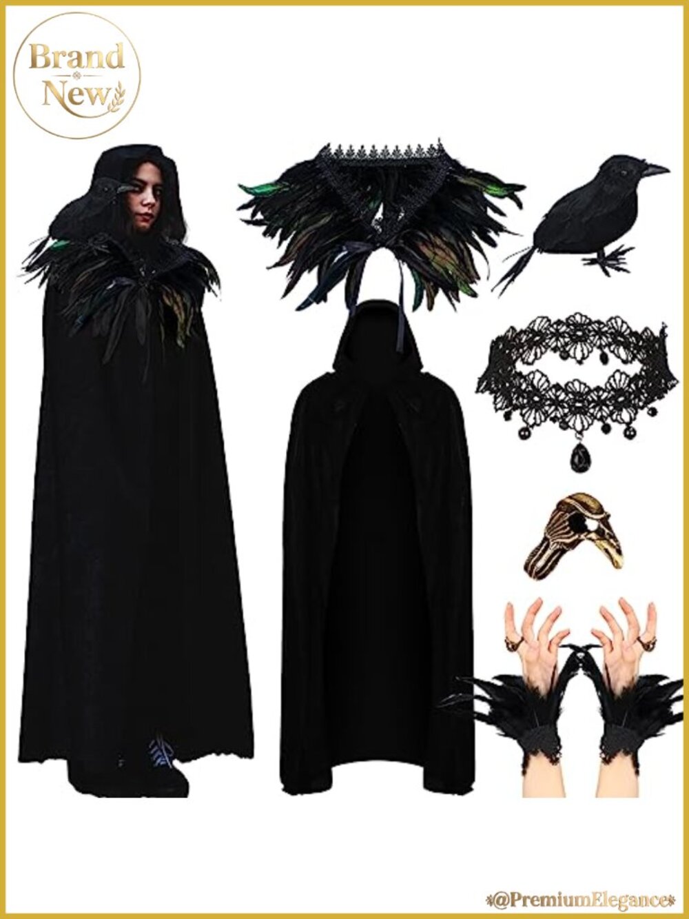 6 Pc Halloween Crow Costume Set with Cape & Feather Shawl